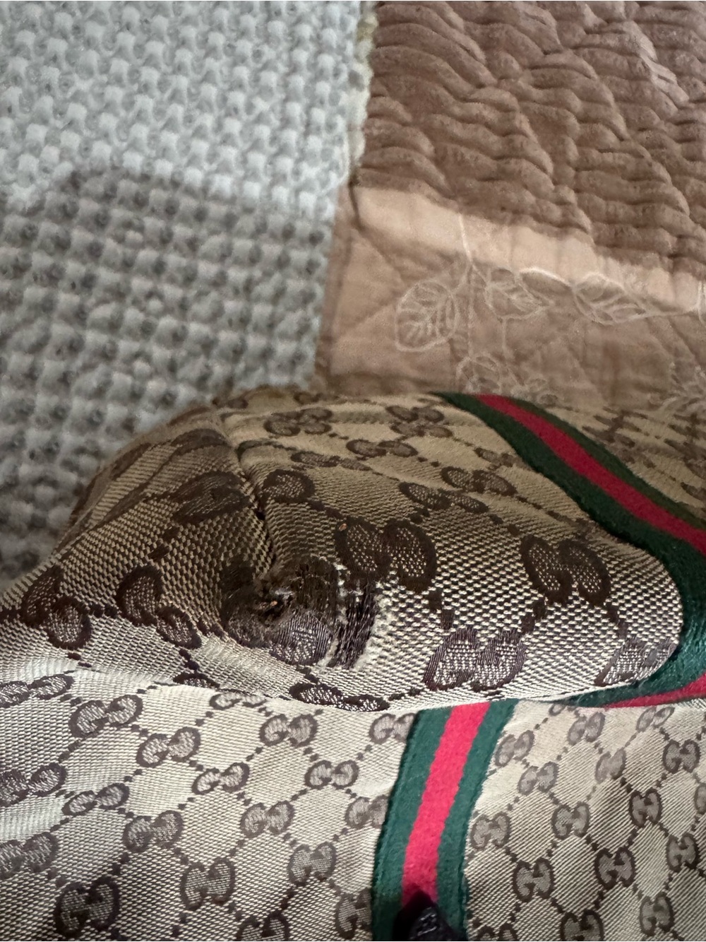 Gucci Beige GG Canvas Tote with Brown Leather Trim and Red-Green Web Stripe - Picture 9 of 12